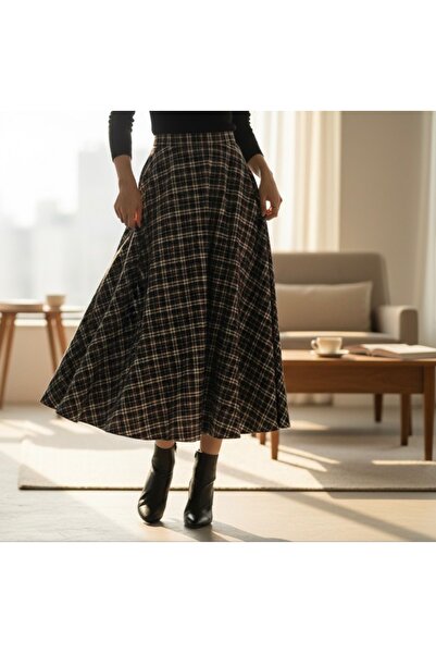 AYDENIZ Women's Black Plaid Patterned A-Line Elastic Waist Midi Skirt