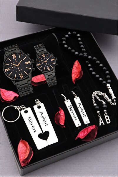 nw northwatch Kişiye Özel Siyah Çift Saat Seti – İsimli Anahtarlık ve Harfli ...