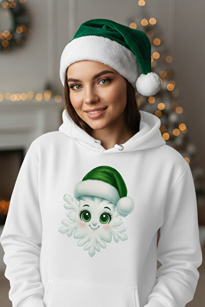 Eritqaa 2026 سويت شيرت أبيض بقلنسوة للشتاء مع تأثير الثلج وقبعة سانتا كلوز