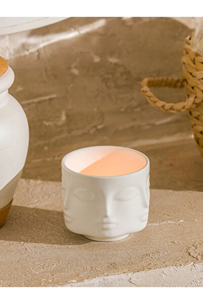 LC Waikiki LCW HOME Ekru Yüz Baskılı Seramik Mumluk 8 Cm