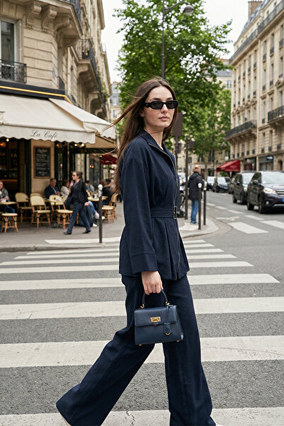 Lela Regular Fit Belt Detailed Zippered Wide Leg Suit Set 6928879