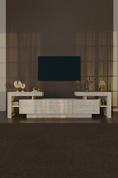 webotto 8 BulForte Led Işıklı Tv Ünitesi 190cm Modern 3 Kapaklı Raflı Uçan Tv Sehpası Traverten Desen