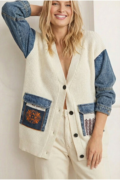 FEMELLE Women's Denim Pocket Kilim Pattern Sleeves Denim Oversized Buttons 10...