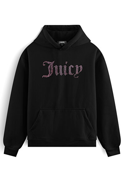 3 ROPE Juicy Double Rhinestone Pink Stone Printed Oversized Hooded Sweatshirt...