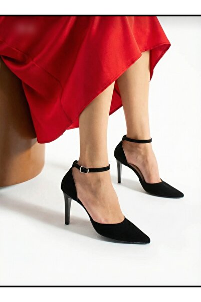 Kırmızı Topuk Kadın Siyah Stiletto Ayakkabı Sivri Burun Bilekten Bantlı İnce ...