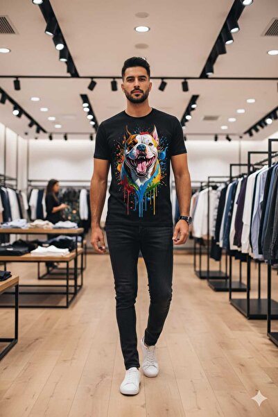 Renkli Köpek Baskılı %100 Pamuk T-shirt