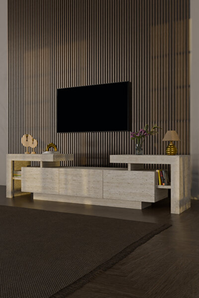 webotto 8 BulForte Led Işıklı Tv Ünitesi 190cm Modern 3 Kapaklı Raflı Uçan Tv Sehpası Traverten Desen