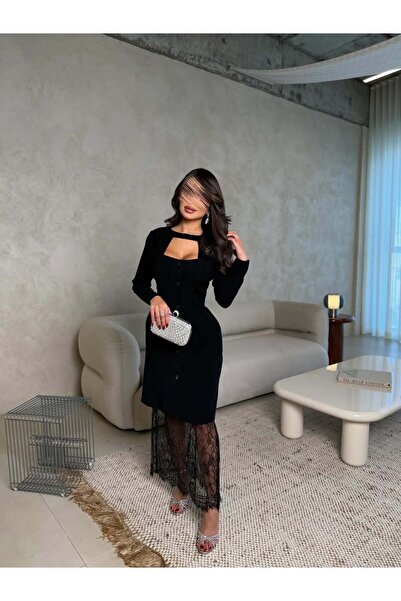 REVE Black midi dress with a plunging neckline, long sleeves, and a lace train.