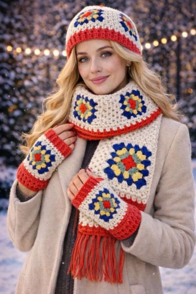 diğerr1 Megahan Colorful Hand-Knitted Scarf, Beanie, and Gloves Set