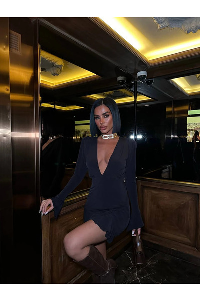 nisshop Kadın Siyah Derin V Yaka Mini Elbise – Uzun Kollu Vücuda Oturan Şık G...