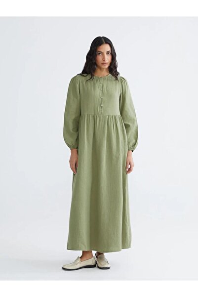 LC Waikiki Καφέ φόρεμα μουσελίνας με λαιμόκοψη ποδηλάτου και μανίκια μπαλόνι ...