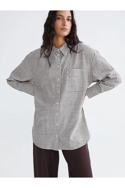 LC Waikiki Καφέ Ριγέ Oversize Ποπλίνα Γυναικείο Πουκάμισο Τουνίκ (S6)