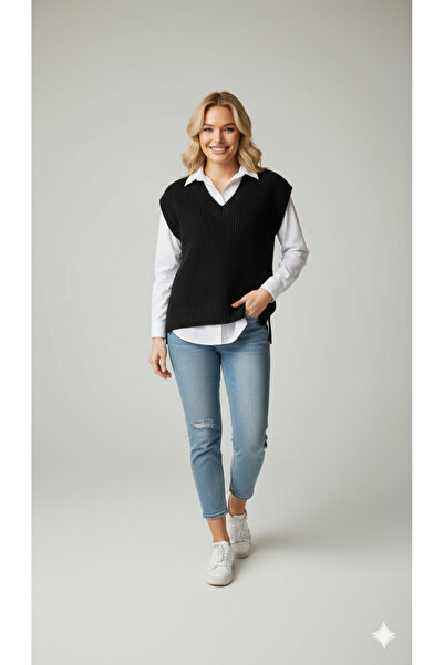 FİFTY ONE Women's Basic V-Neck Comfortable Fit Knitwear Sweater