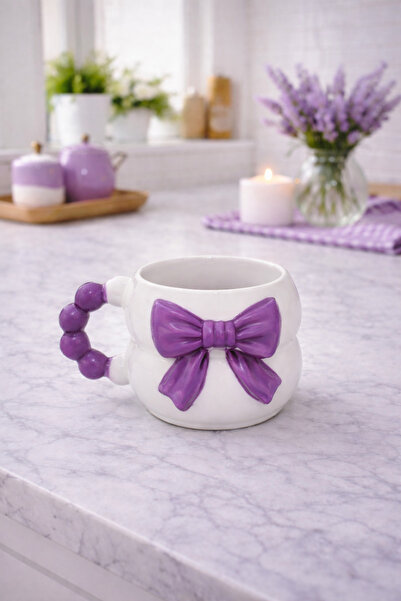 İZart 3D Embossed Purple Bow Pattern Custom Embossed Fully Handmade Ceramic Mug