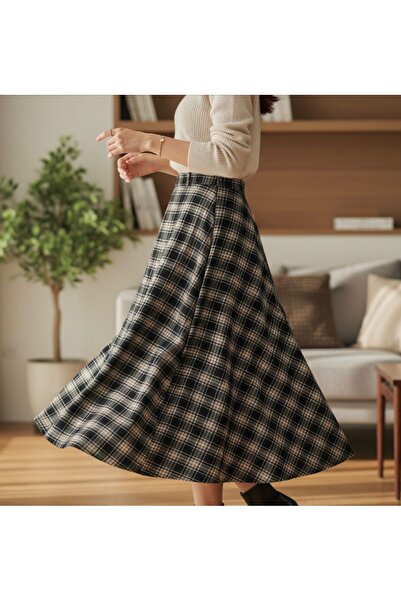 AYDENIZ تنورة نسائية متوسطة الطول بخصر عالٍ ونقشة منقوشة على شكل حرف A باللون...