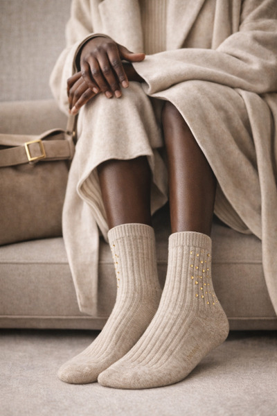 Katia&Bony Women's Corded Fabric Wool Socks with Stone Accessories Ecru