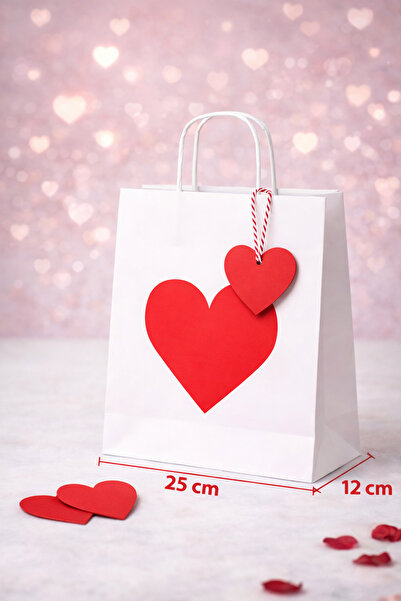 Dekals SET (Poşet+İp+ Kart) Tek Kalpli Beyaz Kraft Hediye Paketi Seti 25X12X31