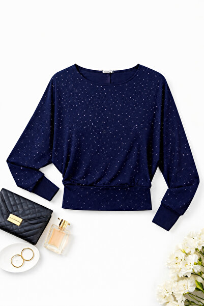 AYDENIZ Kadın Lacivert Işıltılı Kristal Detaylı Yarasa Kol Lastikli Bel Bluz