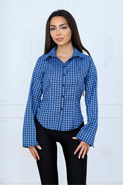 PINTORE Women's Plaid Patterned Fitted Long Sleeve Shirt