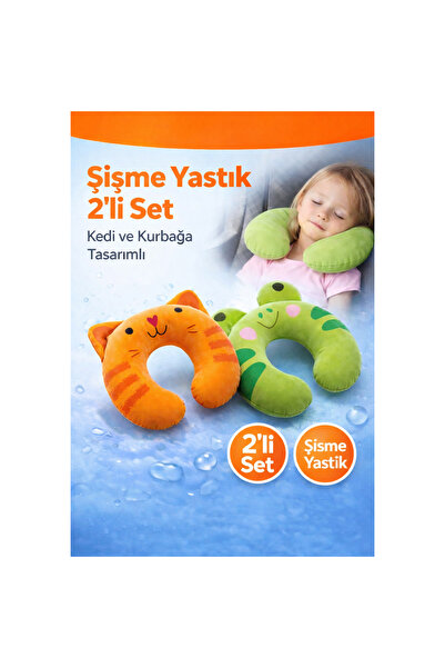 direkstoktan Çocuklar İçin Şişme Seyahat Boyun Yastığı 2 Adet (Kedi&Kurbağa) ...