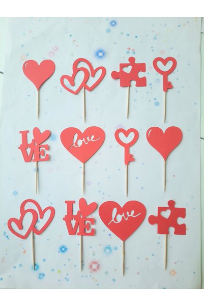 Atölye Doruk 12 Pcs Valentine's Day, Birthday, Marriage Proposal Anniversary, Heart Cupcake Picks, Love Cake Picks