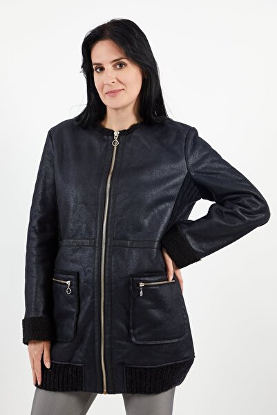 İkks جاكيت نسائي طويل الأكمام من الجلد المحبب، أسود