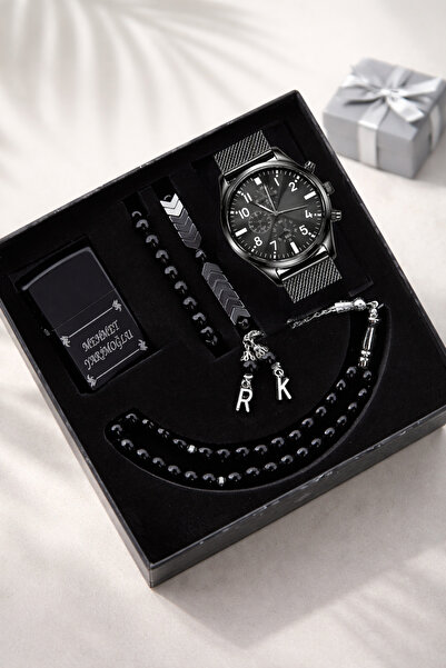 wesscollection Erkek Saat Seti Hasır Kordon Kol Saati Tesbih Bileklik ve Çakm...