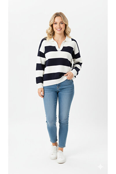 FİFTY ONE Striped Polo Collar V-Neck Knit Sweater