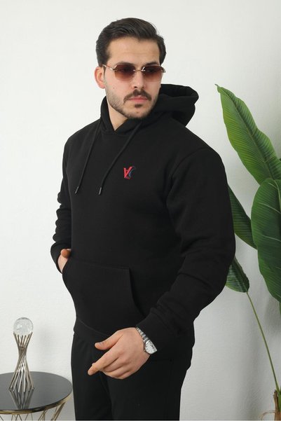 Vesli Men's Black Hooded Sweatshirt Three Threaded Yarns Casual Comfortable