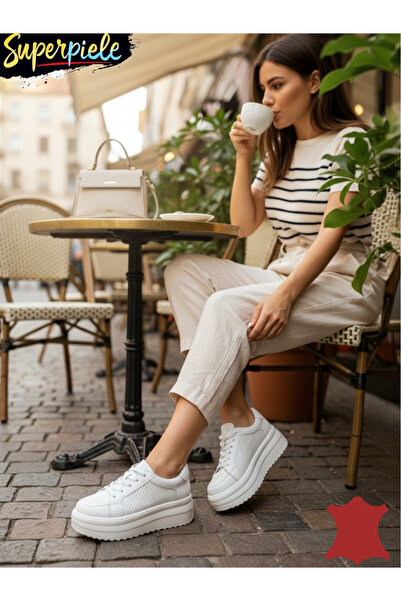 ANGEL BLUE Women's white sneakers made of genuine leather with high soles