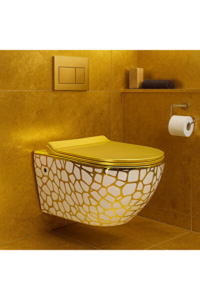 banyosepeti GoldElegance – Beyaz Gold Desenli Asma Klozet (Amortisörlü Kapak ...