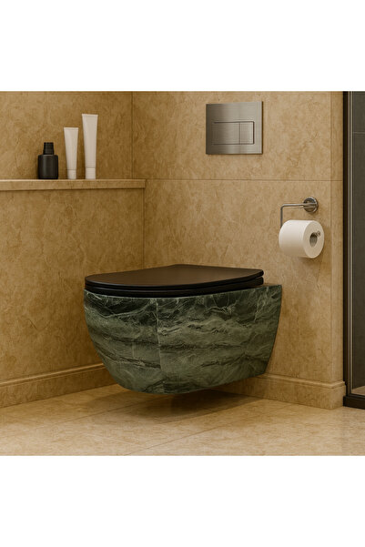 banyosepeti EmeraldStone – Yeşil Mermer Desenli Asma Klozet (Amortisörlü Kapa...