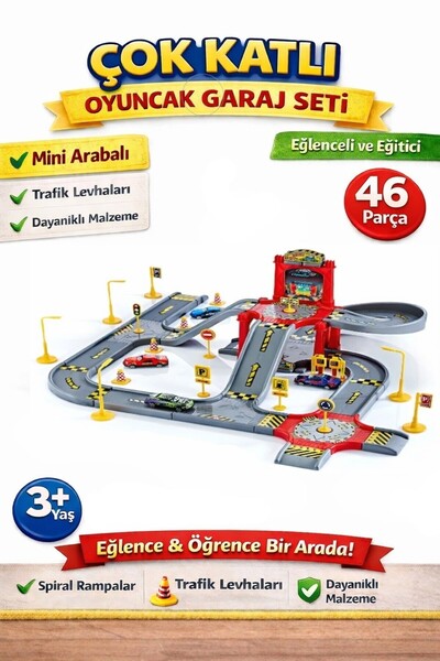 Retoys Oyuncak Mega Garajlı Pist Otoparklı Şehir Hayatı Trafik Levhaları 46PC...