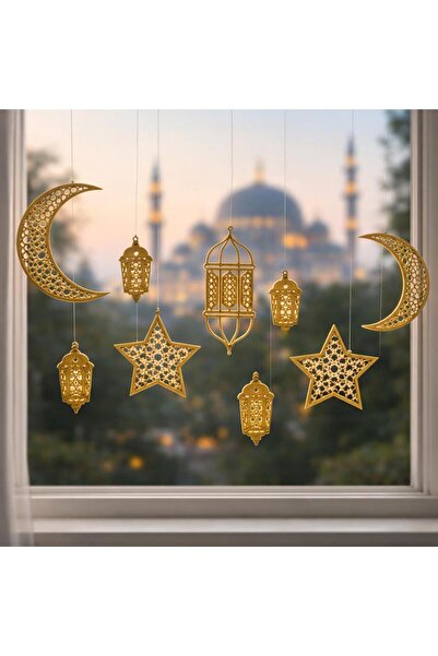 Home 11 Parça Gold Altın Ramazan Süsleme Seti Ay Yıldız Fener Ev Pencere Kapı...