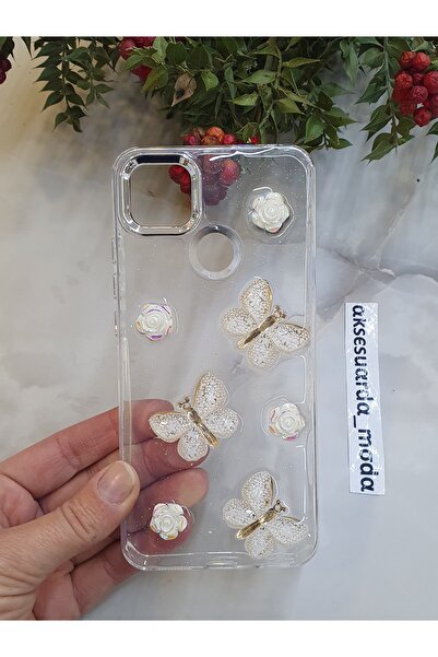ZB Aksesuarda Moda Redmi 9C - 10A Uyumlu Kelebekli Simli Şeffaf Kılıf