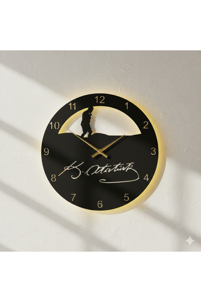 iclalofis Atatürklü Atatürk İmzalı Ahşap Duvar Saati Ledli 45 cm