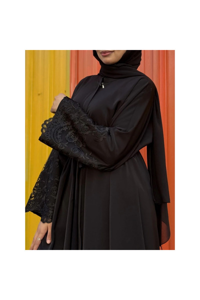 modacofashion Mina Ferace: Dubai Krep Fermuarlı & Kuşaklı (Rahat Kalıp) - Siyah