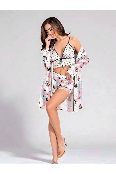 LOOMERİE Women's 3-piece satin sleepwear set with robe