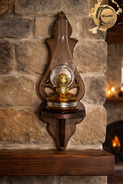 meandme El Oyması Doğal Ahşap Duvar Rafı | Gaz Lambası ve Biblo Standı | 18x5...