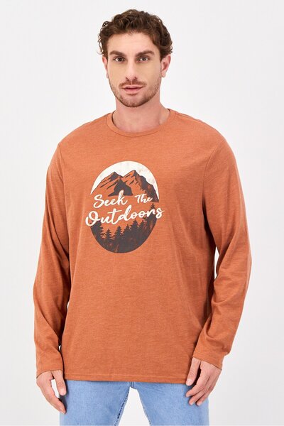 Mountain And Isles Men Crew Neck Graphic Print Long Sleeve T-Shirt, Rust