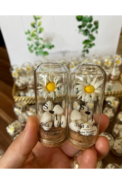 Siyah Lale Nikah Şekeri Cam Fanus Papatya Çiçek ve Kalp Şekerli Nikah, Söz, N...