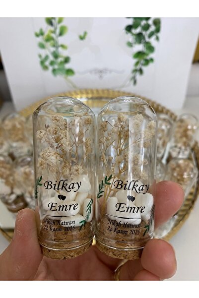 Siyah Lale Nikah Şekeri Cam Fanus Krem Cipso Çiçekli ve Kalp Şekerli Nikah, S...