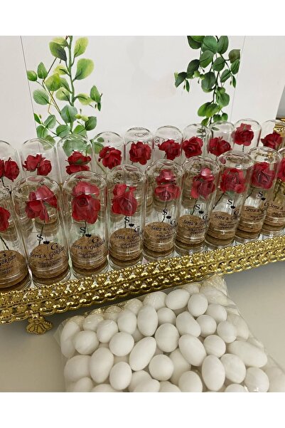 Siyah Lale Nikah Şekeri Cam Fanus Kırmızı Gül ve Fıstık Şekerli Nikah, Söz, N...