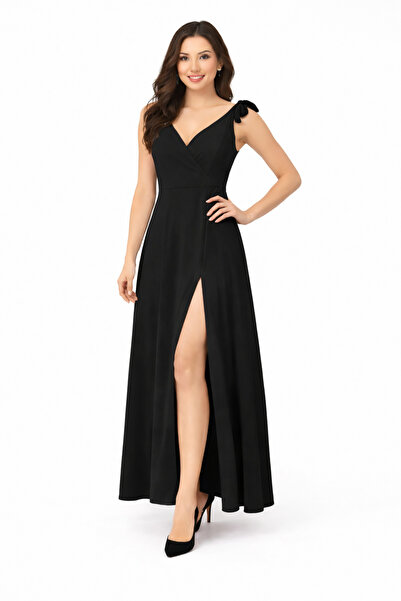 Monapera Kadın Askılı Omuzdan Bağlamalı Kruvaze Yakalı Uzun Yırtmaçlı Krep El...