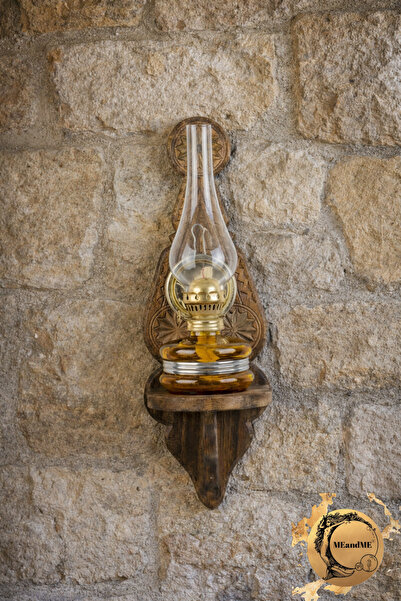 meandme El Oyması Doğal Ahşap Duvar Rafı | Gaz Lambası ve Biblo Standı | 18x5...