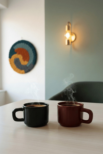 Mithra Life 2 Pieces Handmade 260 ml Burgundy Black Glossy Ceramic Mug Tea Co...