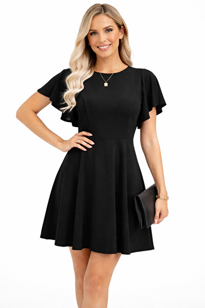 Mostpera Kadın Bisiklet Yaka Kısa Kollu Mini Kloş Krep Elbise