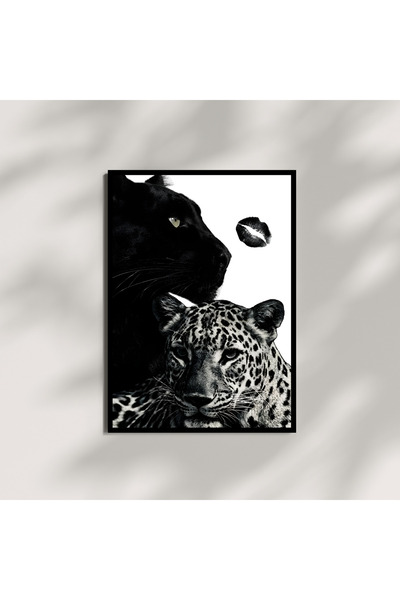 Kracket Leopar Ve Panter Öpücük Çiftler İçin Çerçeveli Tablo Dekorasyon Poste...