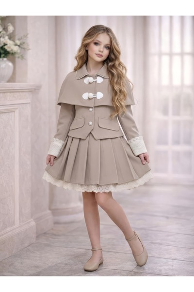 Kids Girl's Cape Jacket and Skirt Set – Stylish Holiday Outfit for Special Oc...