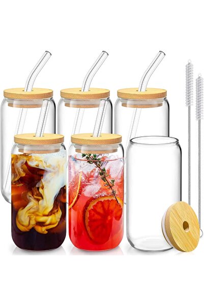 Generic Drinking Glasses with Bamboo Lids and Glass Straws, 6pcs Set